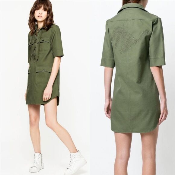 Zadig & Voltaire Size M Olive Green Record Brode Tigre Embroidered Dress Lace Up - Picture 1 of 10
